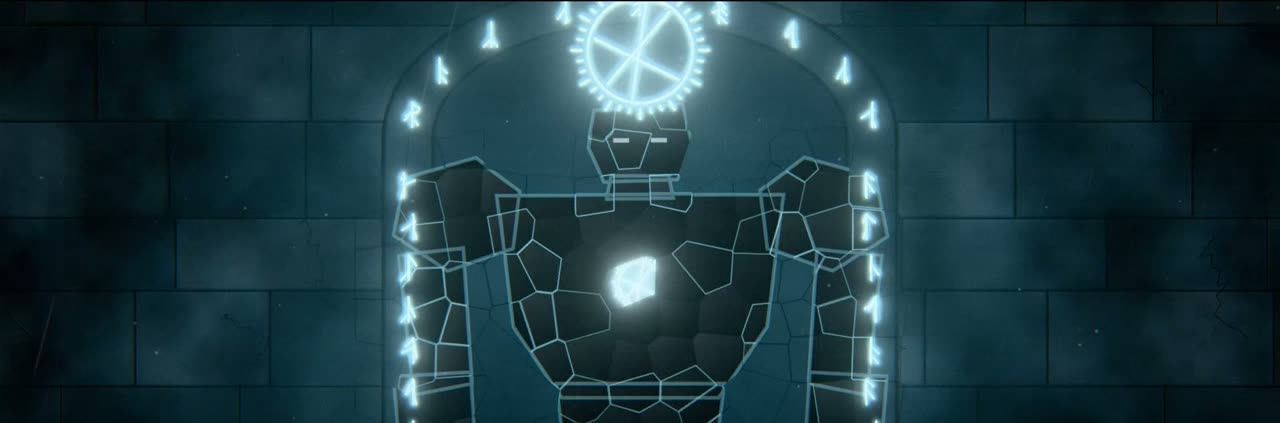 A stone rune guardian wakes inside a rune-lit doorway