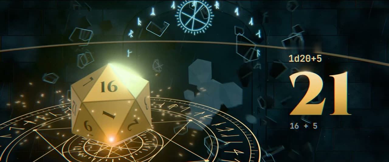 A golden d20 lands on 16; with +5 the attack totals 21