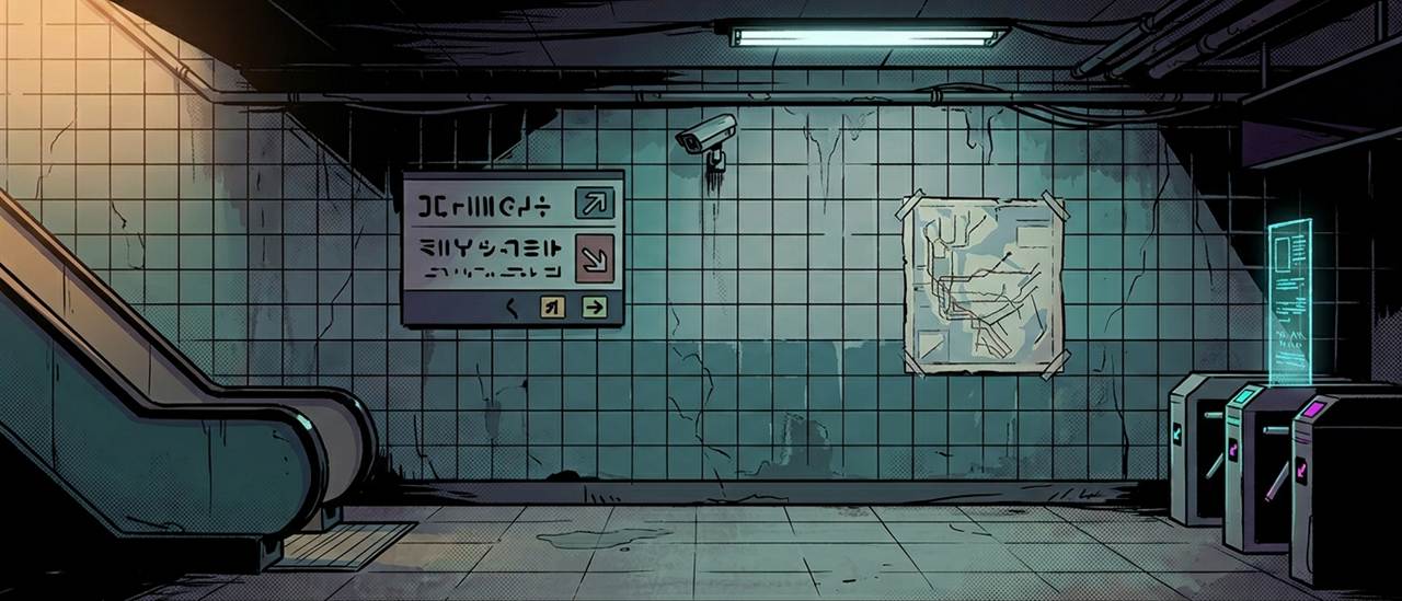 Subway B1 hall: cracked tiles, a taped-up metro map, and turnstiles lit by a holographic sign