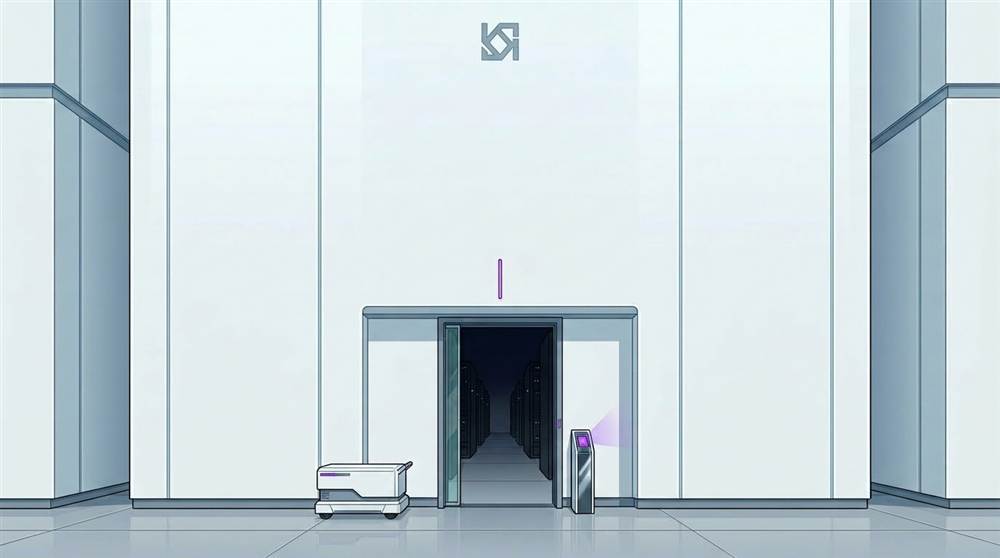 AI district: a white facility wall with a dark doorway into a server hall